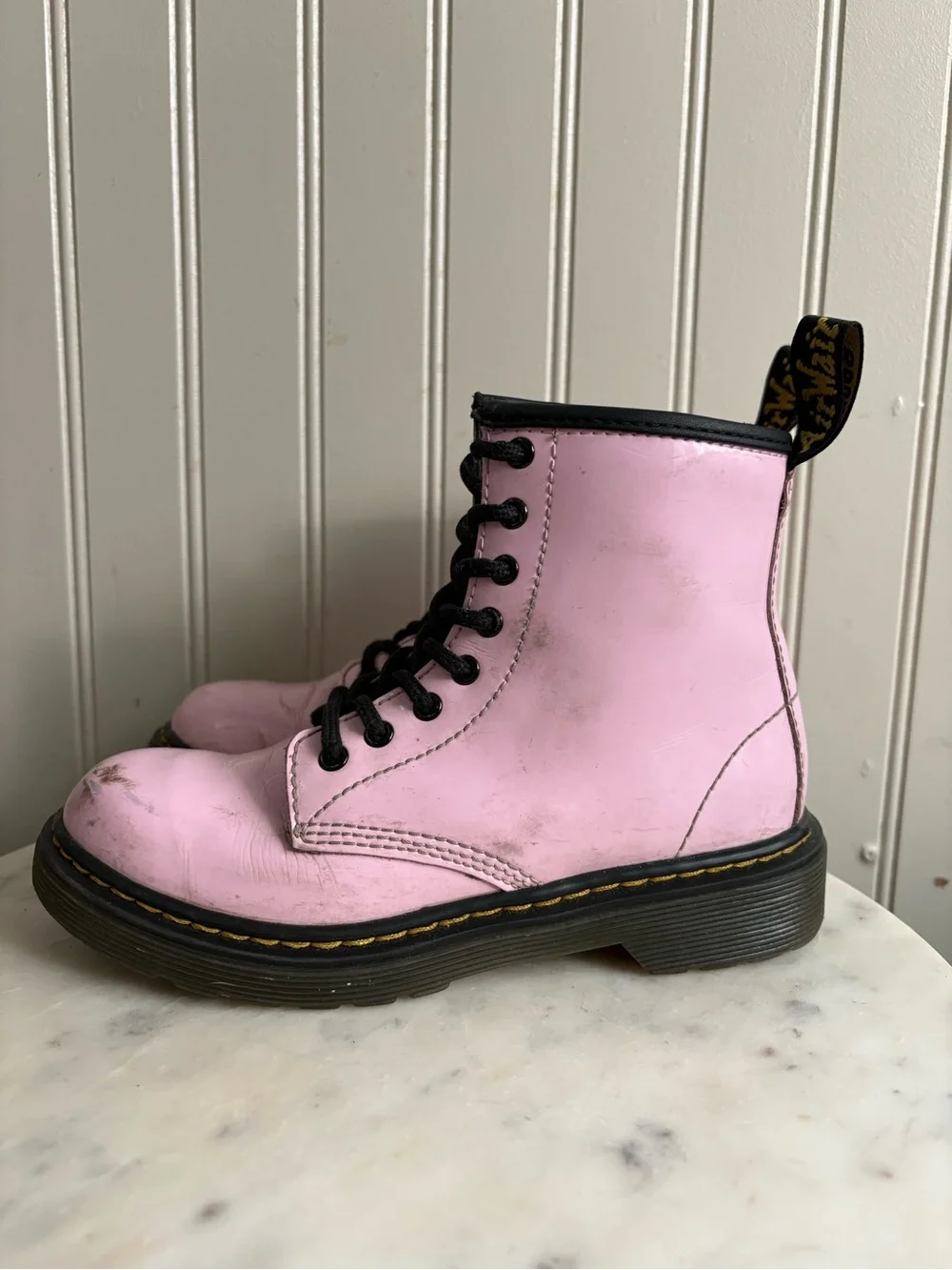 Dr Martens Patent Leather Combat Boots Youth Girls 1 Pink & Black Moto Cool Boho